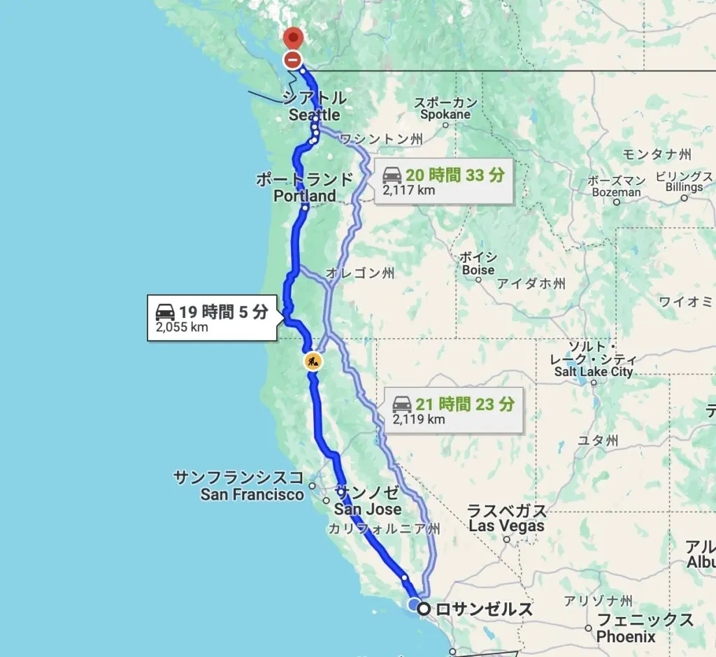 ロサンゼルスからバンクーバーまでのロードトリップ地図